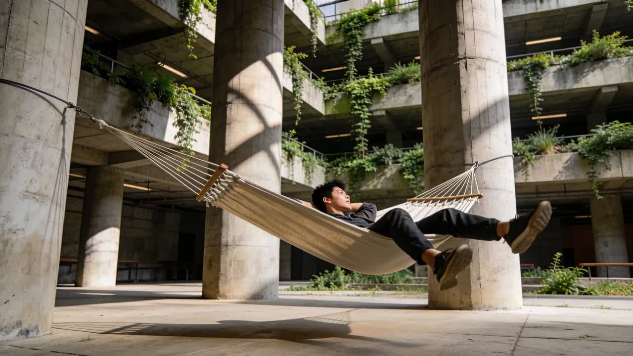 Vertical video: Lying teen in jacket kicking to swing hammock and view atrium by plants, columns