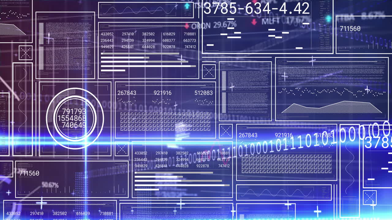 Digital data and binary code animation over futuristic interface with graphs