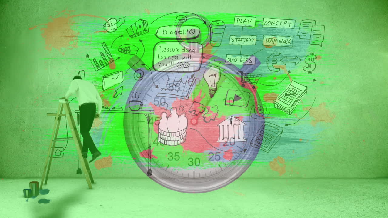 animación de estadísticas con iconos, hombre de negocios en una escalera y cronómetro