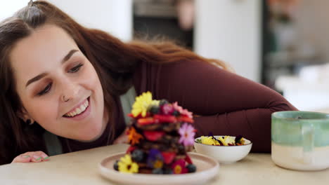 Pancakes,-stack-and-hungry-woman-in-home