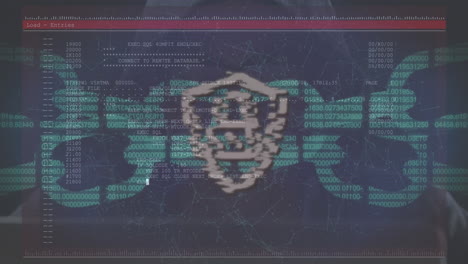 iconos de cadena de seguridad y candado sobre la pantalla con procesamiento de datos contra un hacker masculino que usa computadora