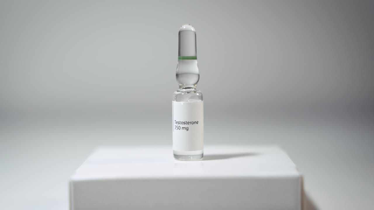 Lento avvicinamento su fiala di testosterone, concetto di farmaco TRT.