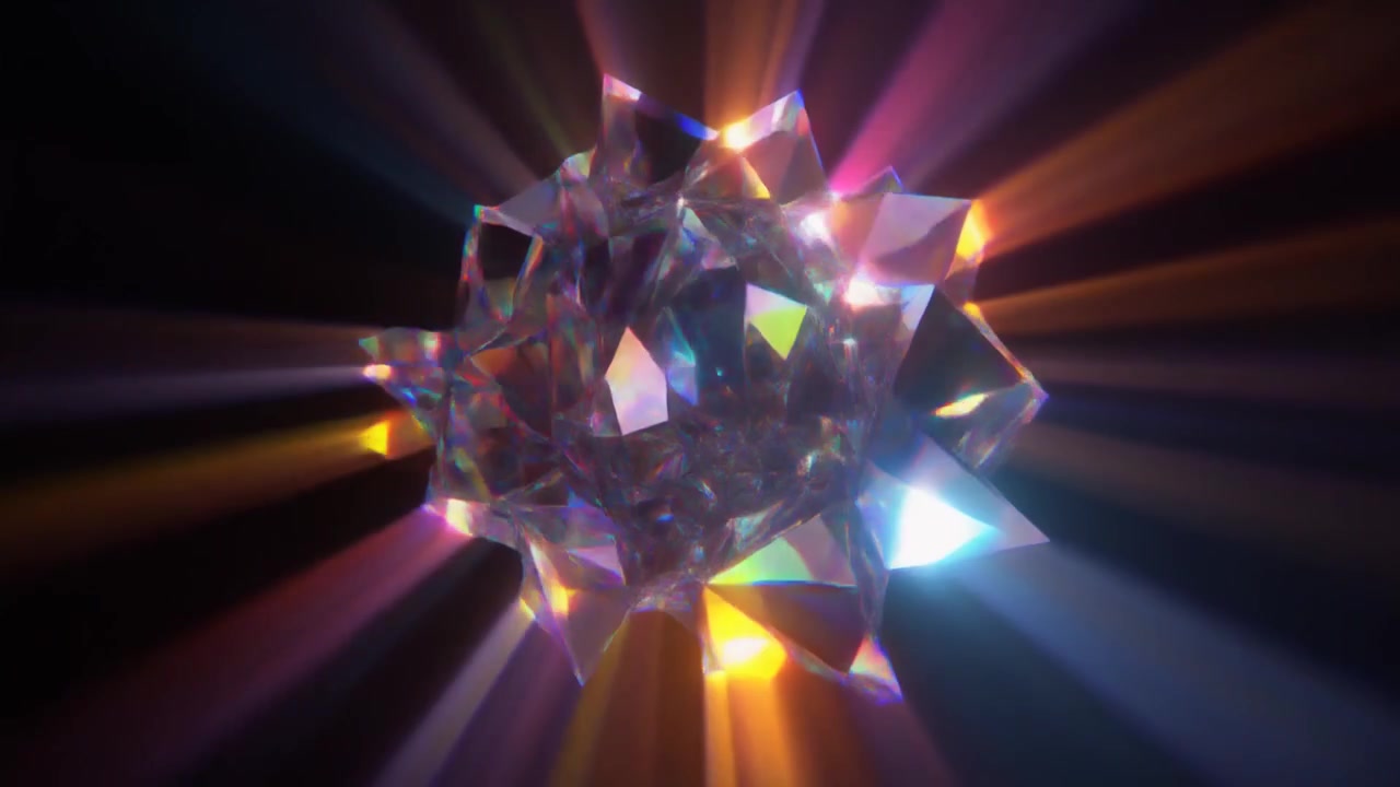 Cristallo geometrico rotante con bagliori di luce radiosa