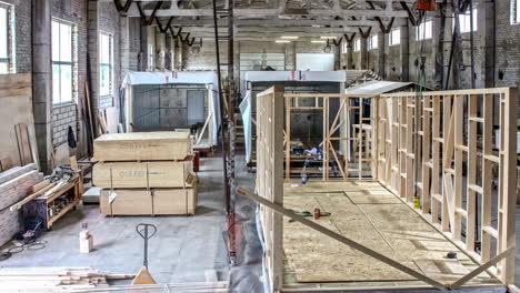 prefabricated house construction in a factory