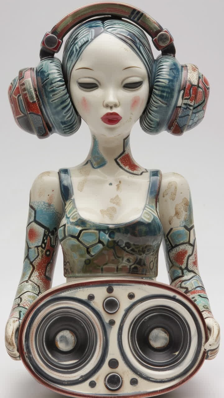 porcelain female statue dolls with audio speakers and headphones made with AI