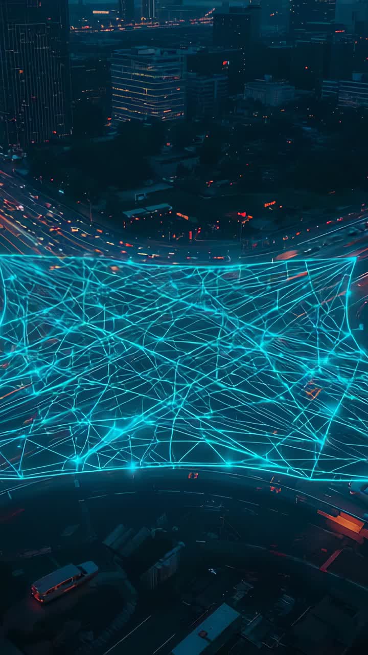 Vertical video: Animating turquoise mesh mapping curved road at dusk, mirroring vehicle lights