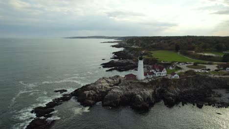 portland head light lighthouse on beautiful maine atlantic ocean coastline, aerial