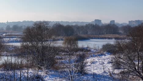 overhead view of a crystalline, frozen landscape with icy lakes in the heart of vacaresti delta, bucharest, romania