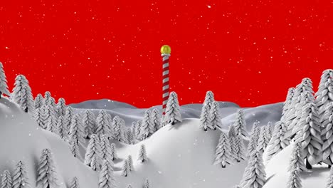 Animation-Einer-Winterlandschaft-Mit-Tannenbäumen-Auf-Rotem-Hintergrund