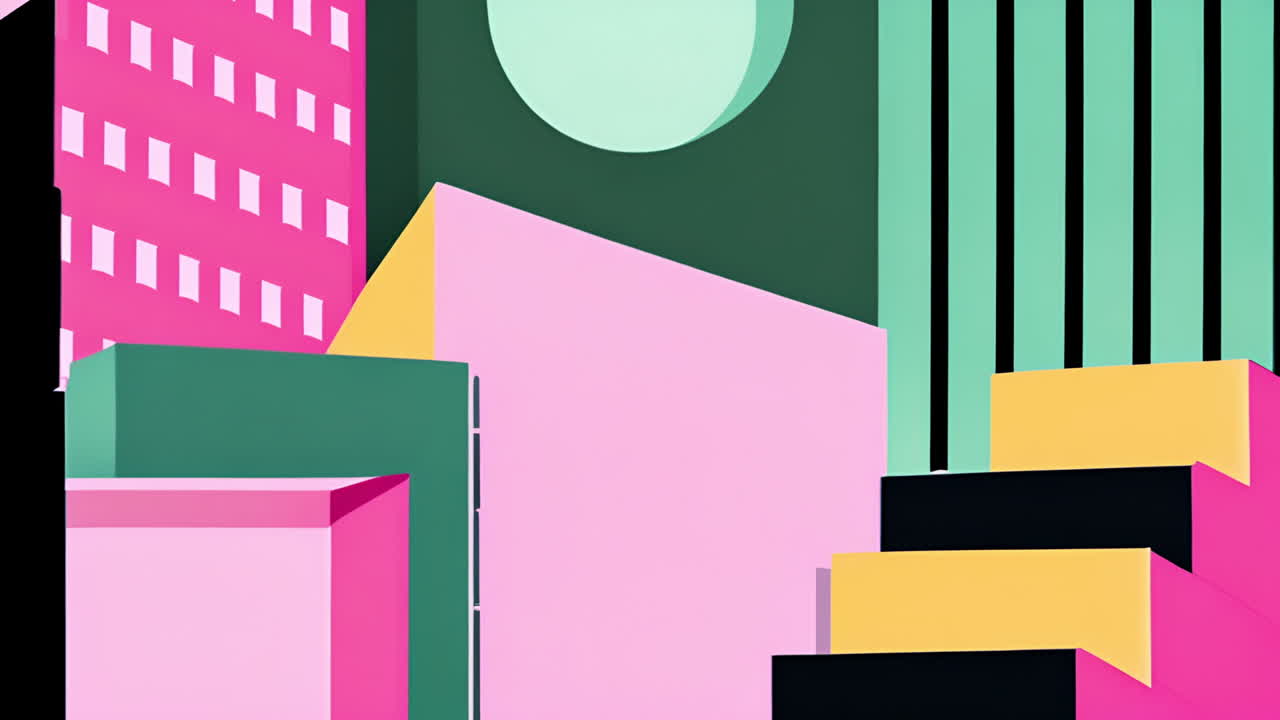Colorful geometric shapes forming abstract cityscape animation