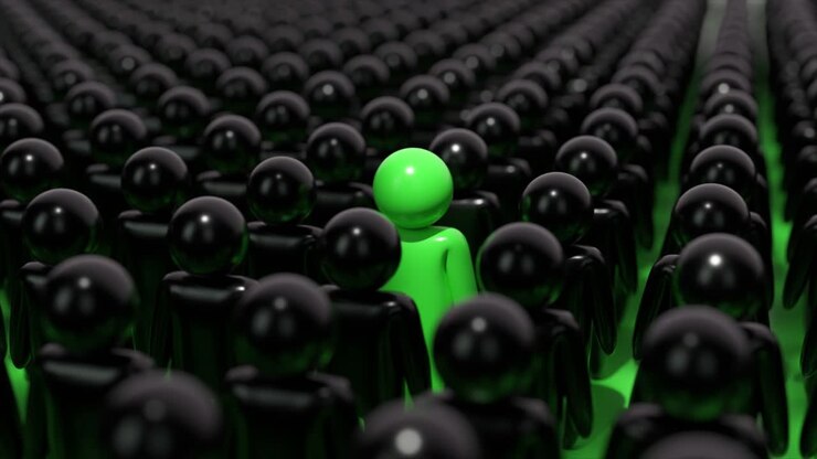 Single Green Figure in a Crowd of Black Figures