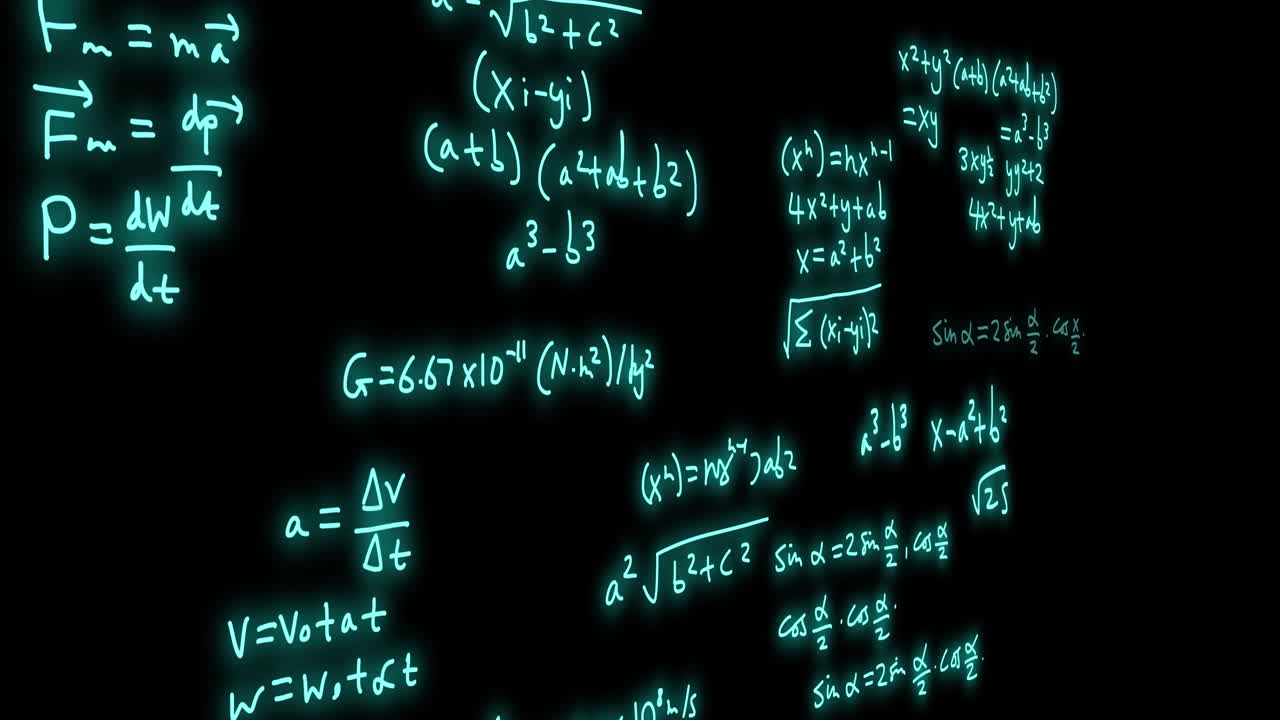 animación de fórmulas matemáticas y procesamiento de datos científicos sobre un fondo negro