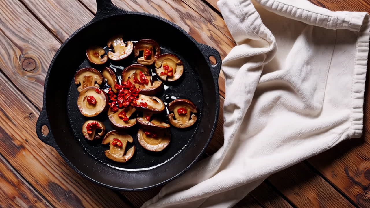 Sautéing Mushrooms with Peppers in a Cast Iron Pan