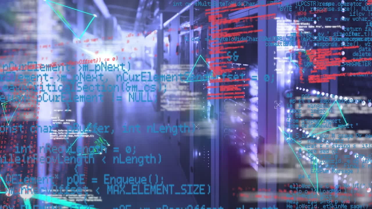 Animation of multiple abstract triangle shapes and data processing against computer server room