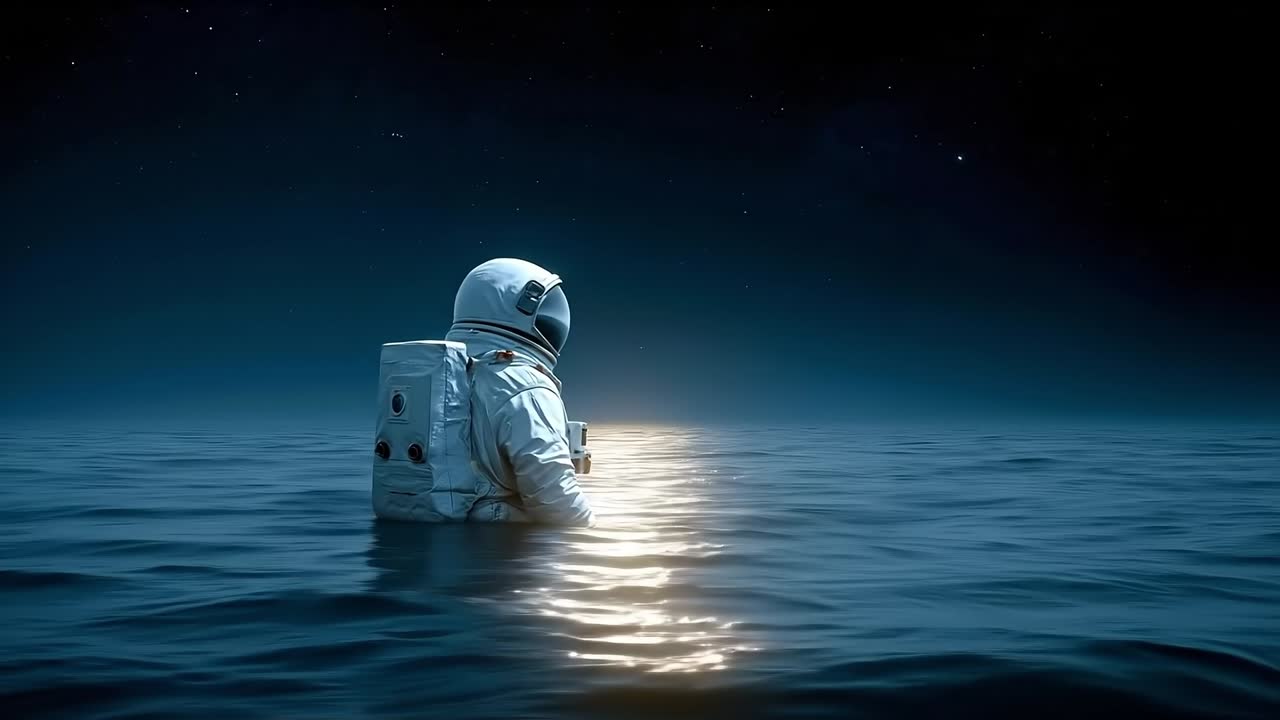 An astronaut floating in the ocean at night
