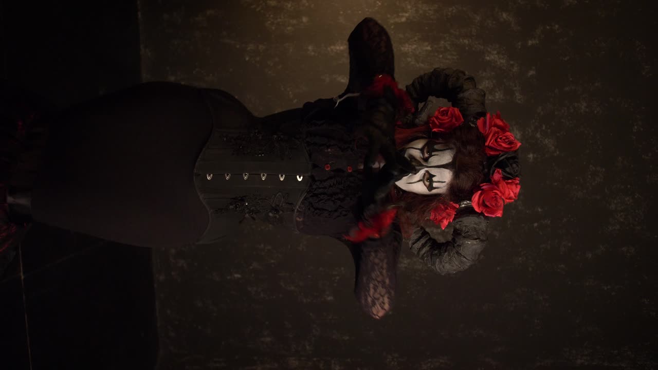 Catrina Cosplay girl moving slowly hypnotizing and luring you to come with a black background, Medium shot