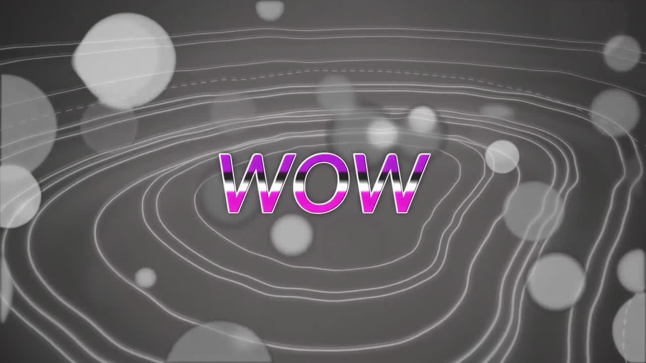 회색 배경의 나선형 패턴에 대한 렌즈 플레어 위의 와우 텍스트의 애니메이션