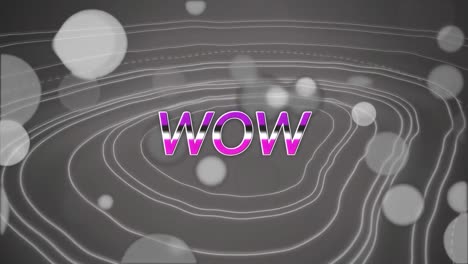 animación del texto wow sobre las llamaradas de la lente contra el patrón en espiral en fondo gris