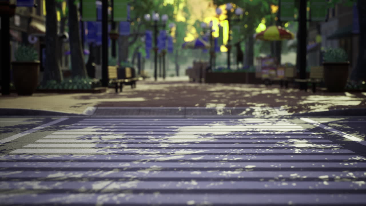 Quiet urban street after rain with reflections and benches along the way