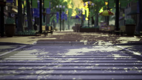 quiet urban street after rain with reflections and benches along the way