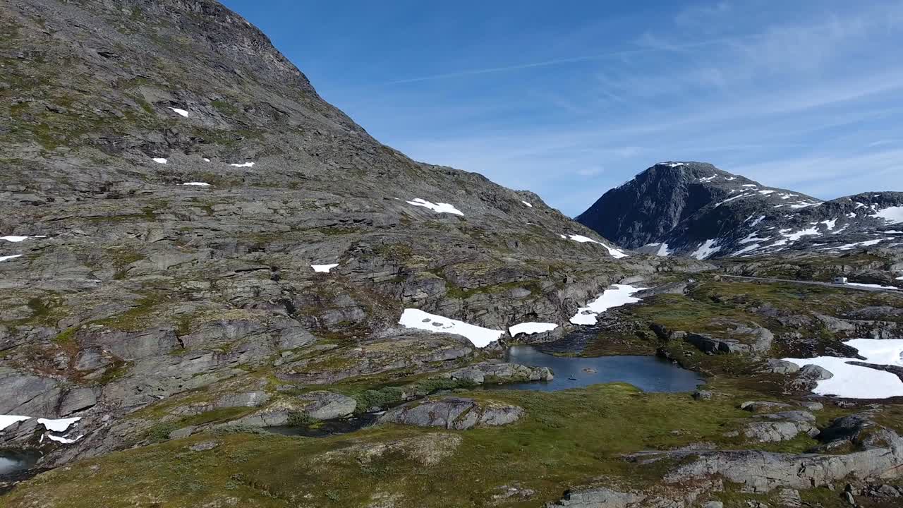 Aerial view of mountain and road to Dalsnibba, spring landscape, Norway
