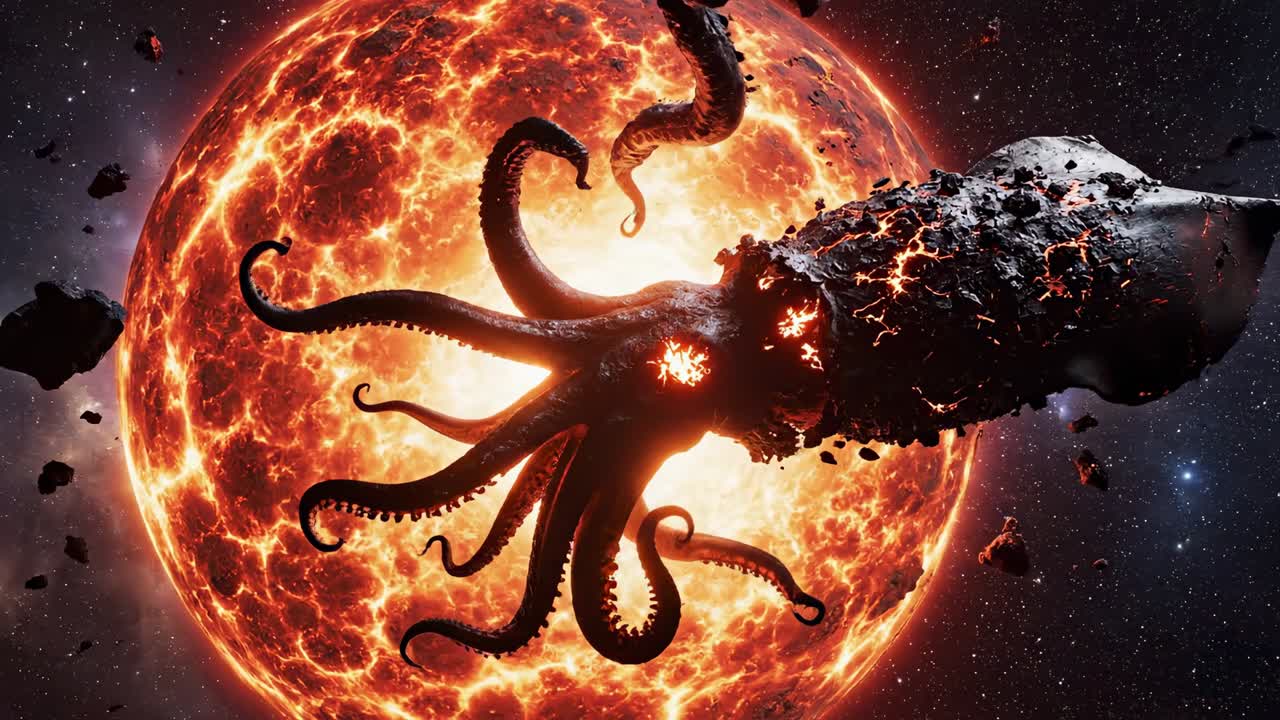 Kosmiczny kraken trzymający świecącą kulę w głębokiej przestrzeni kosmicznej