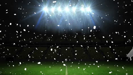 animation of white confetti falling over football breaking through glass wall at sports stadium