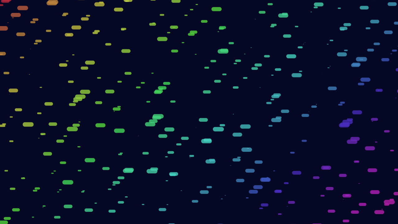 Dynamic abstract footage of colorful rounded particles moving diagonally across a dark blue background, ideal for technology, data flow, digital network and motion design