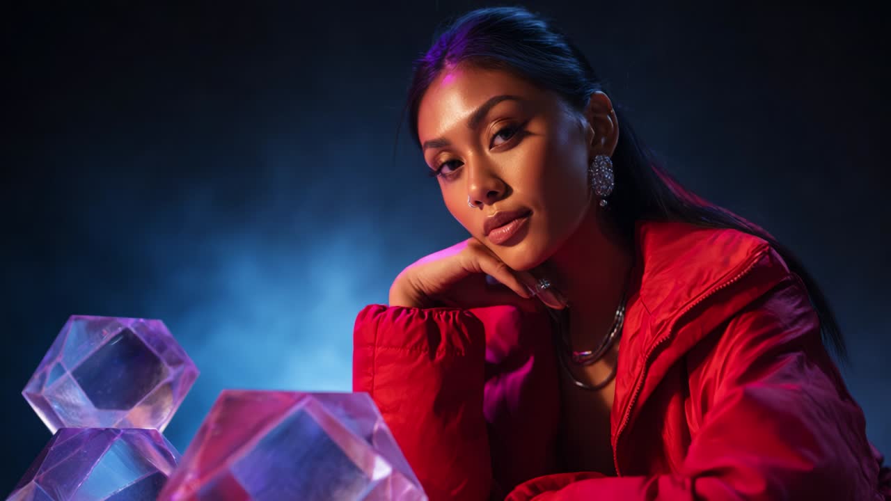 A stunning portrait of a confident young woman in a vibrant red jacket, featuring bold jewelry, surrounded by abstract geometric shapes in a dramatic, moody lighting setup that adds depth and allure