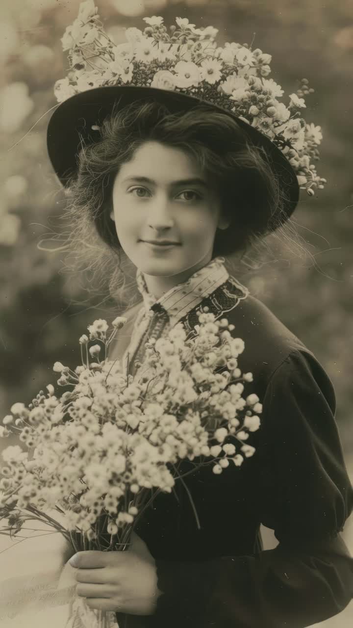 Vintage-style portrait of a woman in a floral hat holding flowers, captured at eye level