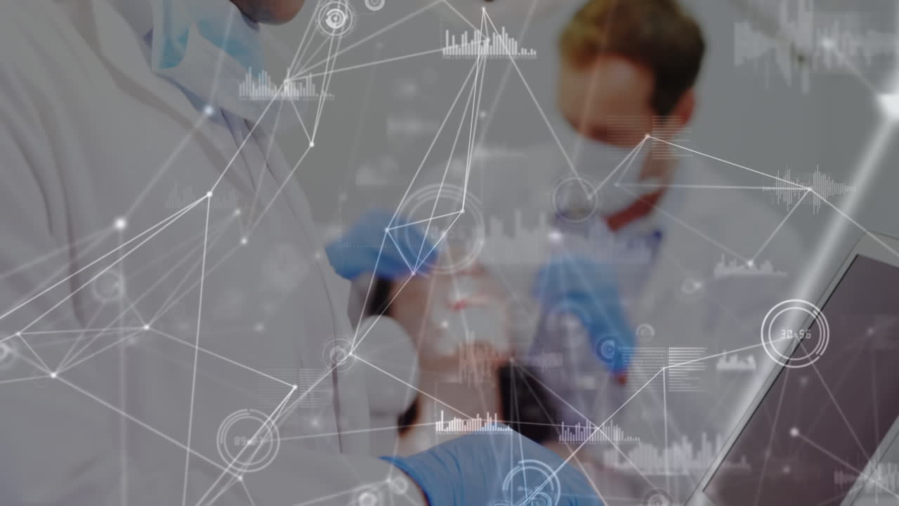 백인 남성 치과의사가 치료하는 환자를 대상으로 데이터 처리의 애니메이션