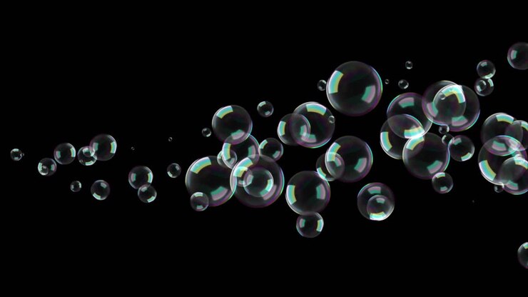 Bolle di sapone che fluttuano nell'aria, loop naturale su schermo verde, sfondo 3D 4K con oceano, sapone e aria