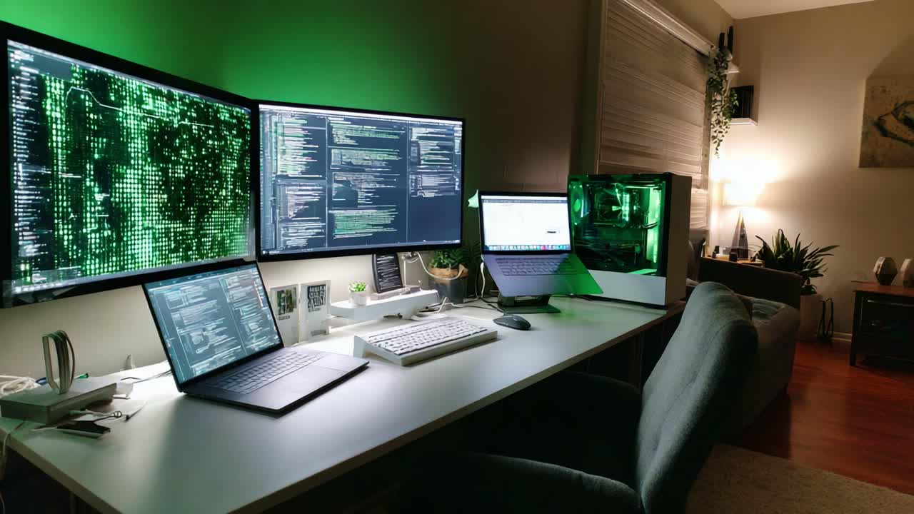 High-Tech Workspace with Multiple Monitors Showcasing Code and Data Analysis in a Digitally Enhanced Environment