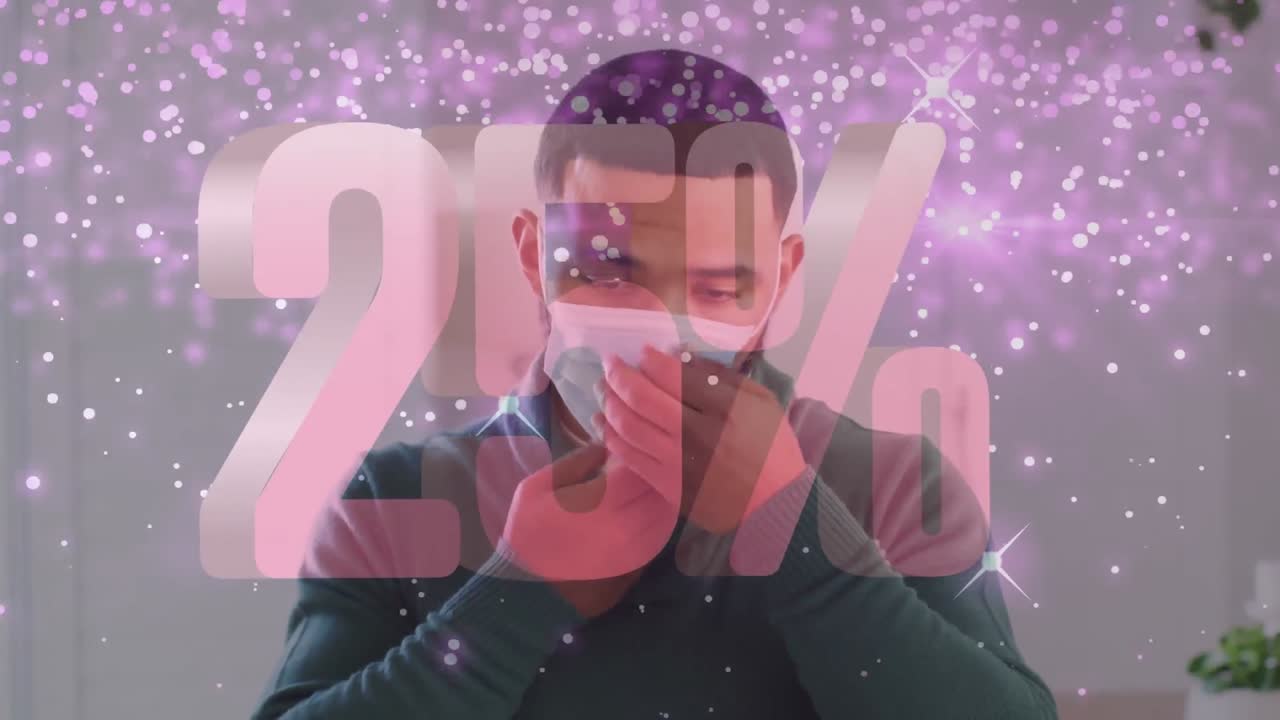 얼굴 마스크를 입은 여성 위에 판매 텍스트의 애니메이션