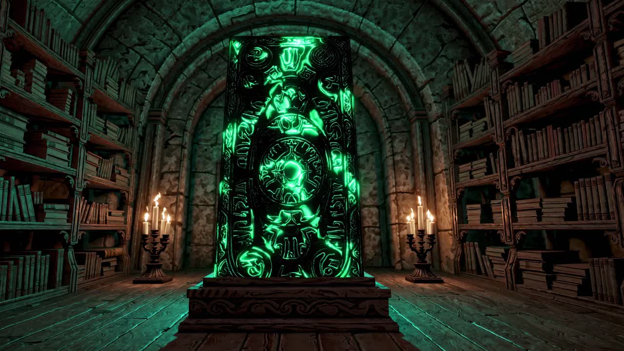 어두운 도서관에서 반이는 고대 유물