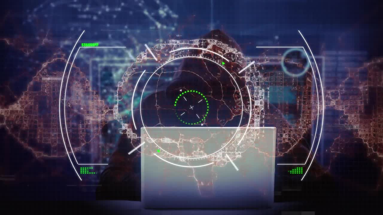 animación del alcance y el procesamiento de datos de cadena de adn sobre hacker con portátil