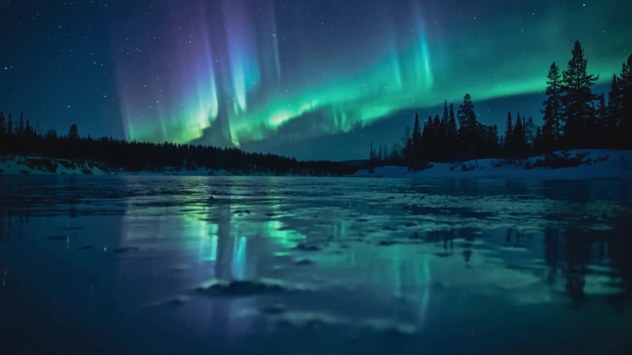 Pulsierendes Nordlicht, das sich am Nordhimmel über einem zugefrorenen See ausbreitet, während der Sonnenwind eintrifft.