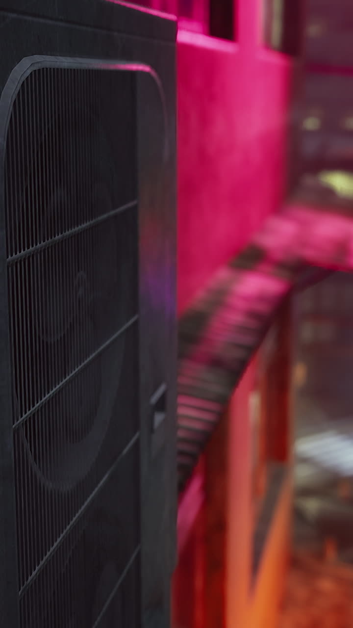 Urban nightscape featuring air conditioning unit overlooking neon street