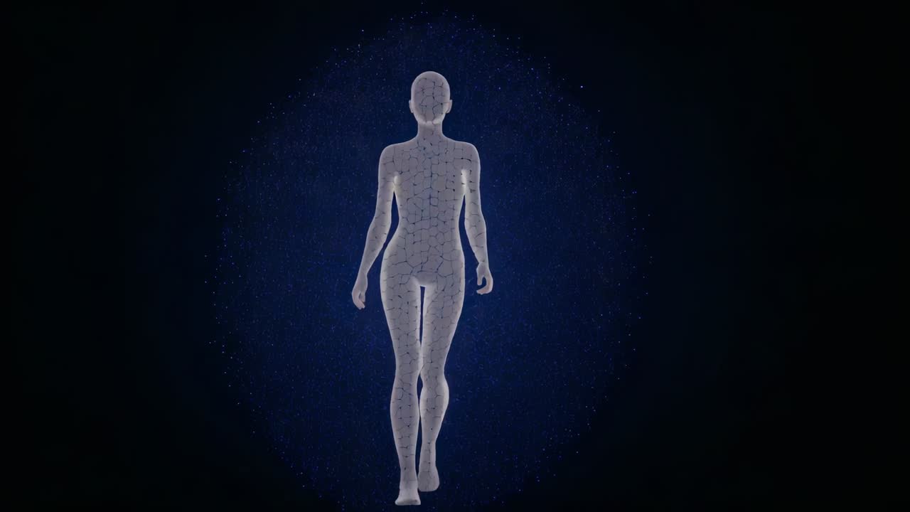 Modelo de anatomia feminina dando um passo em direção ao espectador no vazio, mostrando partículas, marcas pontilhadas e halo