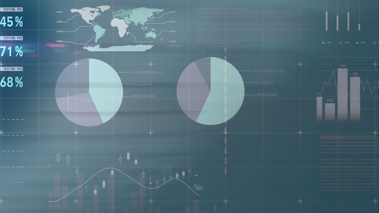 animación de la interfaz infográfica sobre vista de ángulo bajo del techo de la oficina.