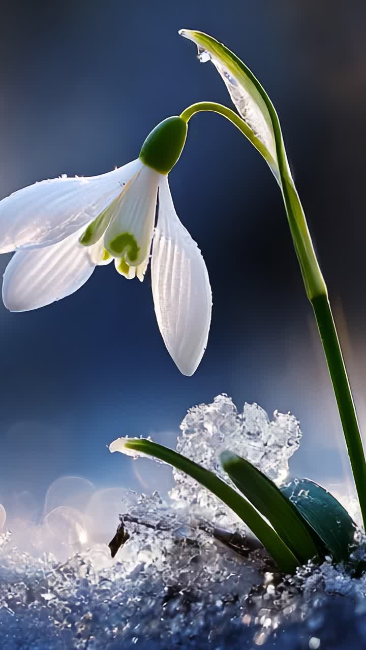A delicate snowdrop flower blooming above sparkling frost, showcasing nature's beauty with its pristine white petals and vibrant green stem in a serene setting