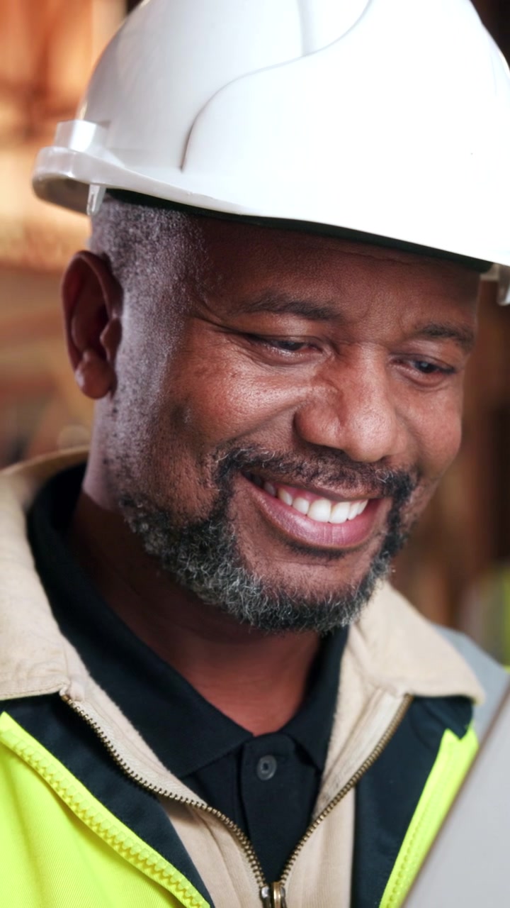 Smiling Construction Worker Using Digital Tablet on Site