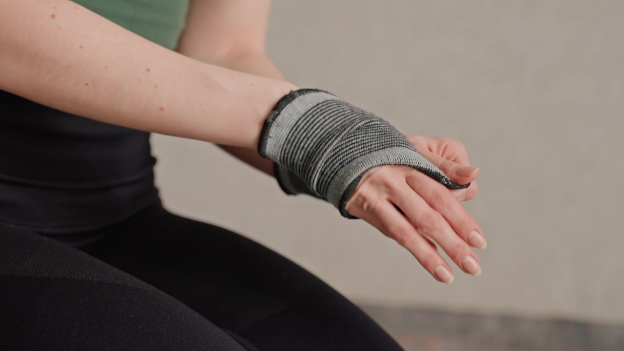 Rutina de enfriamiento de yoga tranquila. Practicante femenina realizando estiramiento de muñeca relajante después de la sesión de yoga. Mujer serena en colchoneta ejecutando movimientos suaves de muñeca para recuperación y relajación.