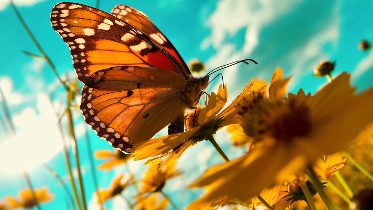 Farfalla arancione vivace posata su un fiore giallo alla luce del sole