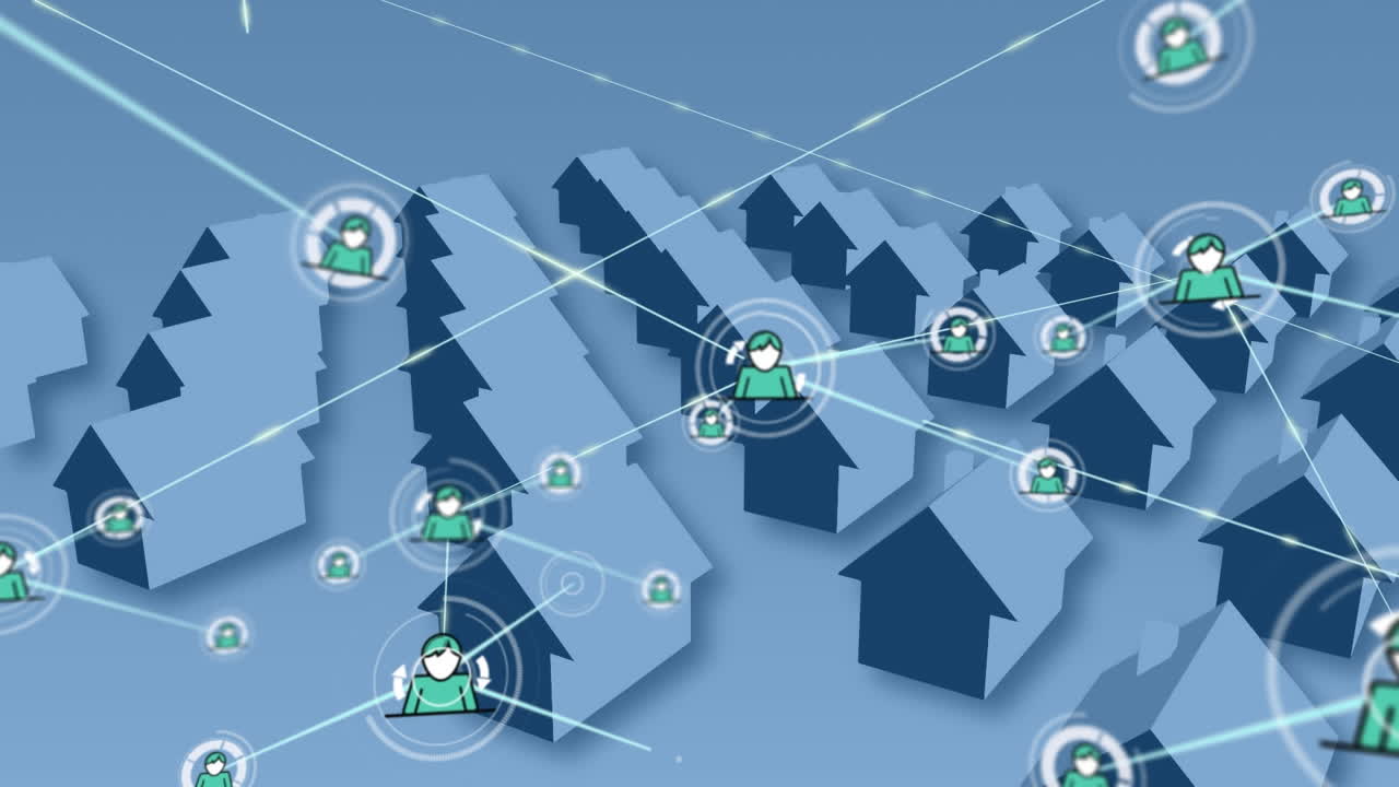 Animation of network of connections with icons over rows of houses