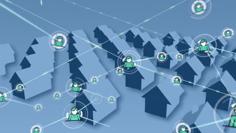 animation of network of connections with icons over rows of houses