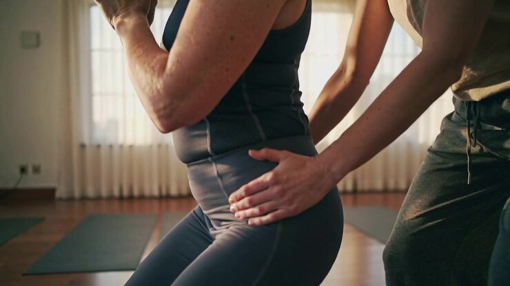 Placing hands on hips coach guiding trainee in leggings lowering and rising on mats correcting form