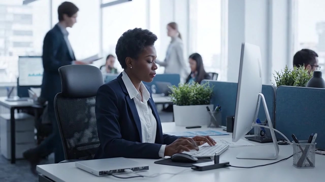 Focused Professional Working in Modern Office Environment on Computer, Engaged in Tasks with Colleagues in Background, Reflecting Contemporary Workplace Dynamics