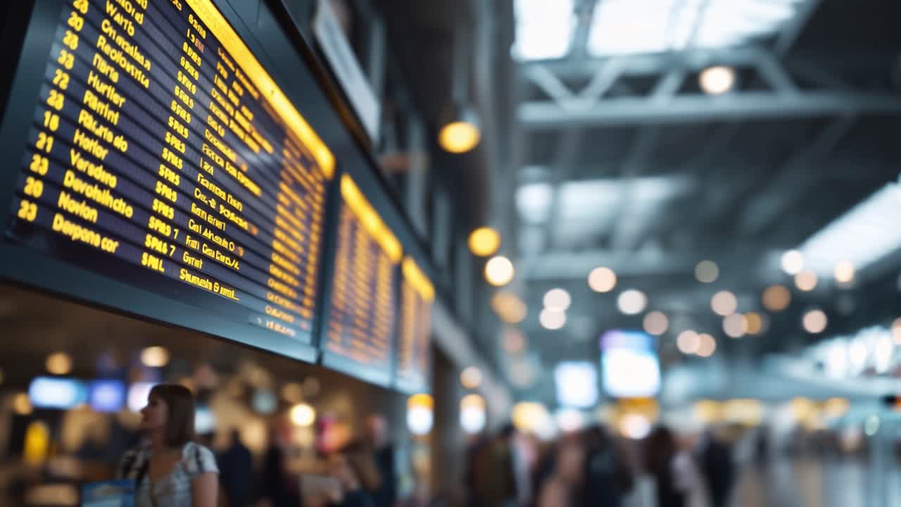 Un affollato terminal aeroportuale che mostra informazioni sui voli e viaggiatori in un moderno hub di viaggio con movimento dinamico e dettagli infrastrutturali