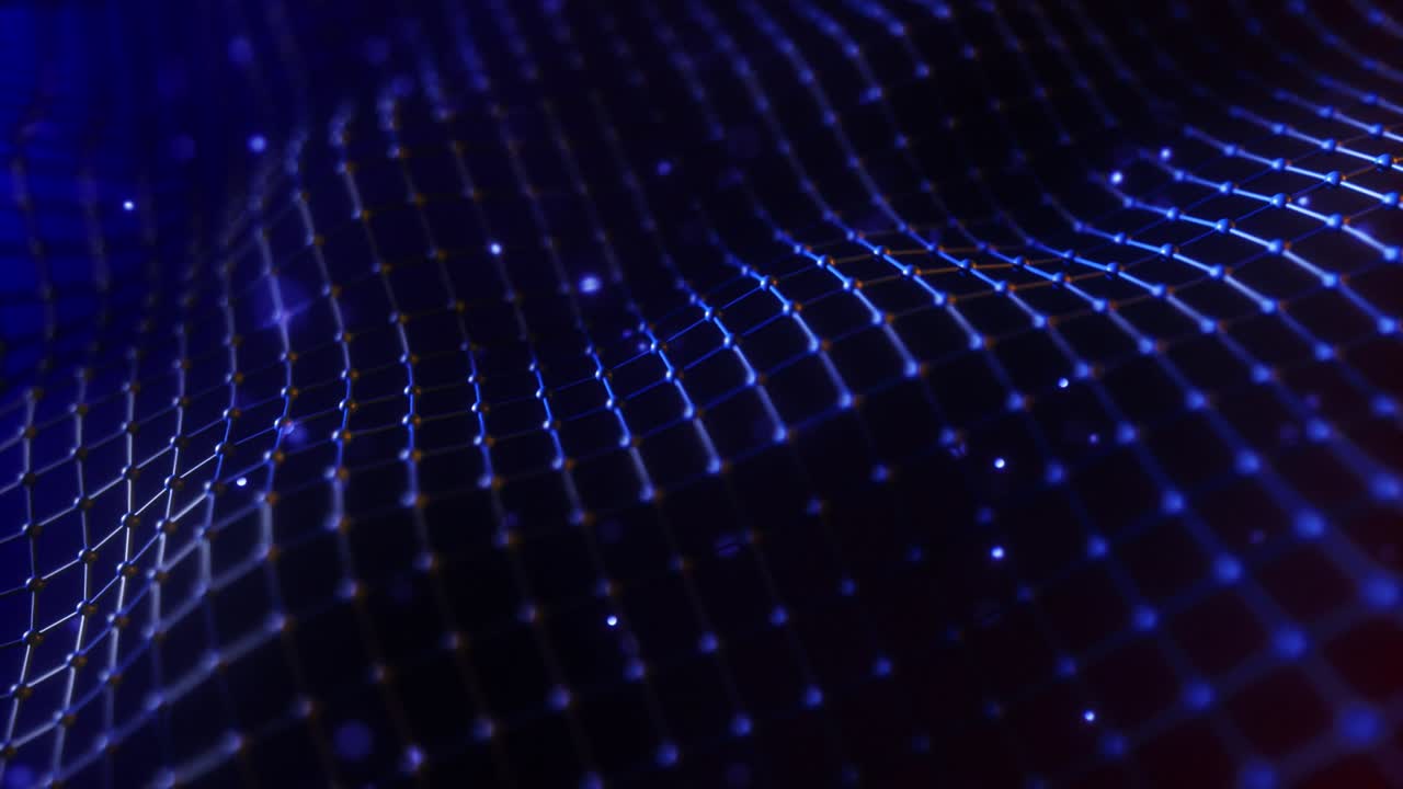 Abstract mesh with wave motion and depth of field. Connected data nodes. Artificial Intelligence. Virtual global network. Seamless loop 3d render